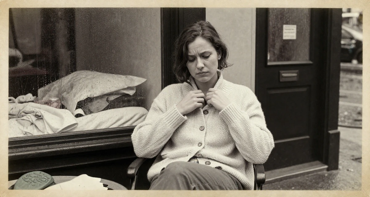 A solemn but kind Female From New York USA, studied film and television in their 25, dealing with anxiety about first paying subscribers, wearing a cozy knit cardigan and slacks, fixing a collar in a rainy street corner.