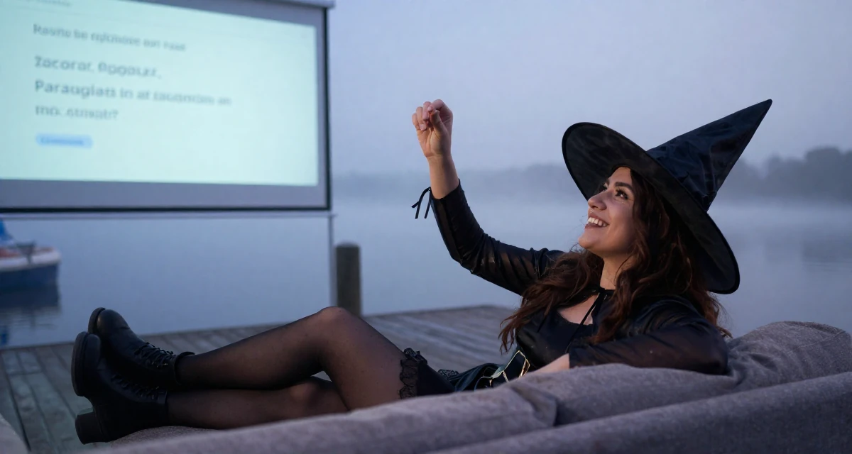 A cheerful Female From Paraguay, majored in accounting in their 22, building early fan loyalty through replies and messaging, wearing a classic witch costume with a wide-brimmed hat, picking something up in a foggy harbor.