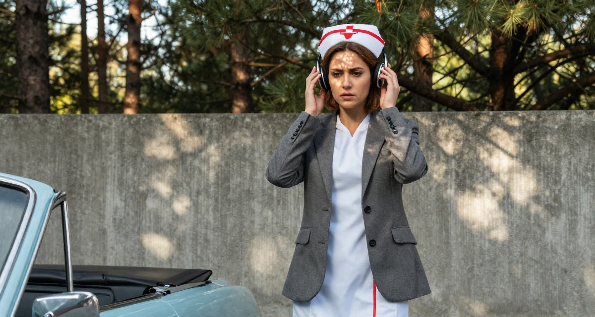 A commanding Female Former receptionist at a spa, now blending wellness with creator content in their 22, wearing an ill-fitting blazer and looking nervous, wearing a nurse cosplay uniform with a stylized cap, adjusting headphones in a vintage convertible car.