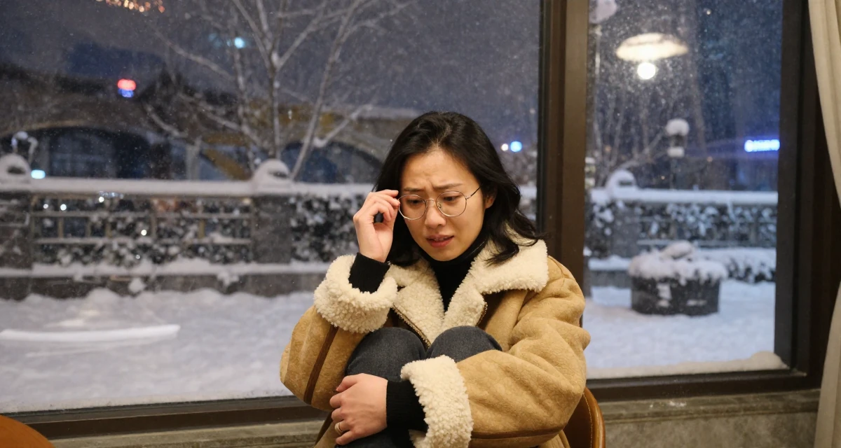 A relaxed Female From Chengdu China, self-taught photographer with nightlife roots in their 20, feeling a mix of excitement and deep anxiety, wearing a warm shearling jacket, adjusting glasses in a banquet hall.