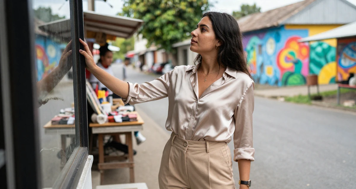 A contemplative Female Former volunteer teacher, now crafting empowering creator narratives in their 32, exploring sustainable fashion and ethical living, wearing a high-waisted beige trousers and a tucked-in satin blouse, looking out the window in a country road.