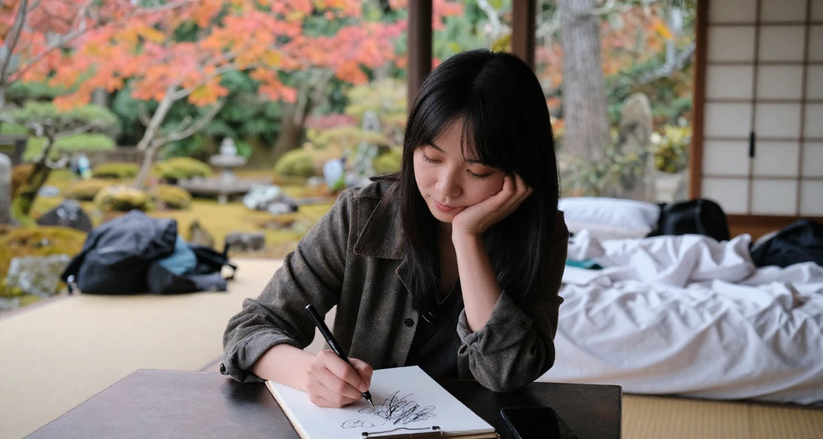 A lighthearted Female From China, majored in journalism in their 29, seeking mentorship and higher guidance, wearing a modern grunge aesthetic, sketching on a pad in a autumn forest.