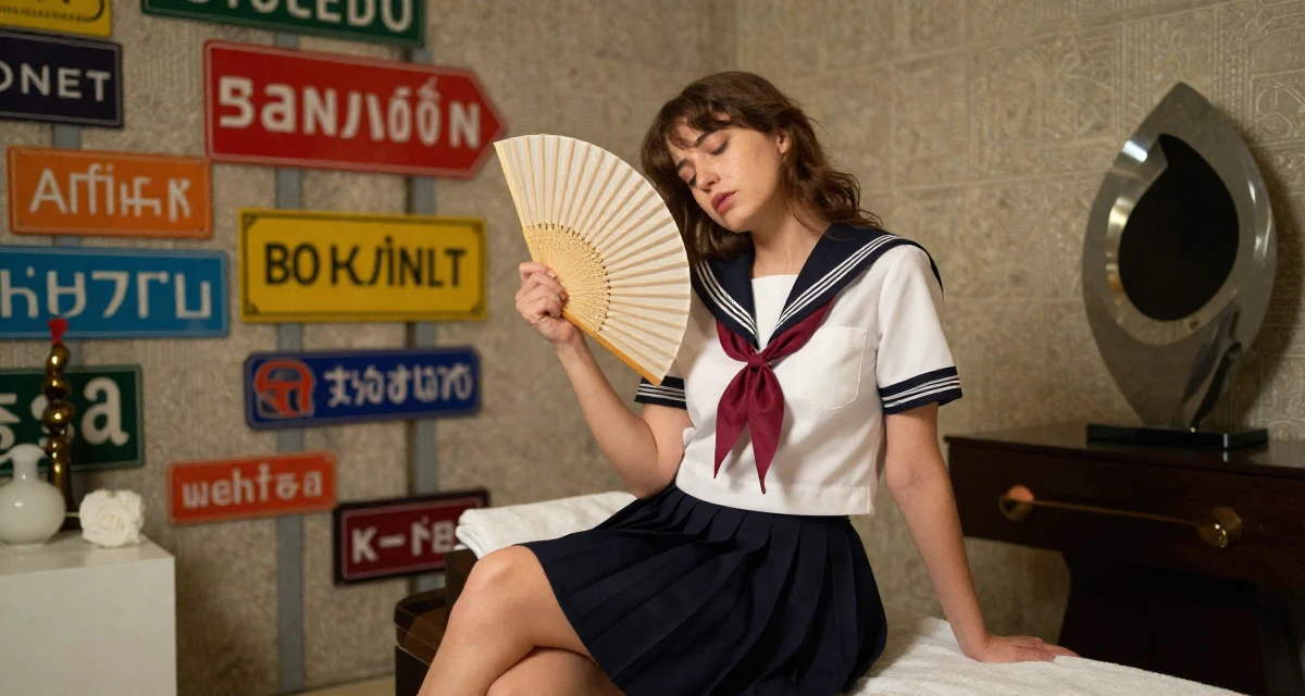 A tired Female From Bucharest Romania, trained in expressive posing in their 25, exploring safe ways to promote content without judgment, wearing a Japanese school sailor uniform (seifuku) with a pleated skirt, fanning self with a hand in a luxury spa room.