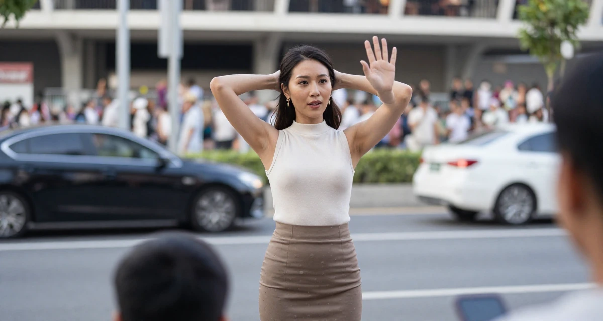 A alert and attentive Female Once a hotel bartender, now creating nightlife-themed fan content in their 37, creating educational content for children, wearing a mock neck sleeveless top and a pencil skirt, waving to someone in a urban street.