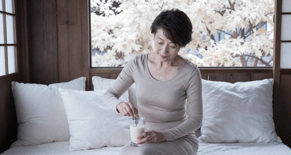 A alluring Female From Kyoto Japan, practiced artistic nude photography as self-expression in their 48, grandmother sharing joy and family recipes, wearing a long-sleeve bodycon midi dress in neutral tones, stirring a drink in a home interior.