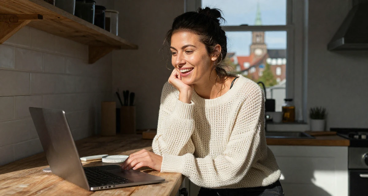 A ecstatic Female Born in Norway, majored in consumer psychology in their 31, digital nomad setting up a base in a new city, wearing a loose open-knit sweater showing skin underneath, resting a chin on a hand in a rustic kitchen.