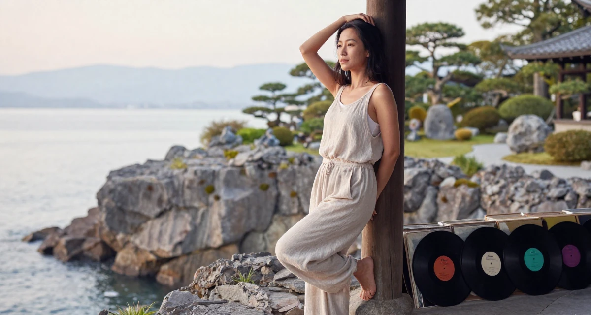 A self-assured Female From Chongqing China, trained in yoga and body-movement expression in their 25, discovering early creative passions, wearing a loose-fitting linen trousers, running fingers through hair in a rocky ocean cliff.