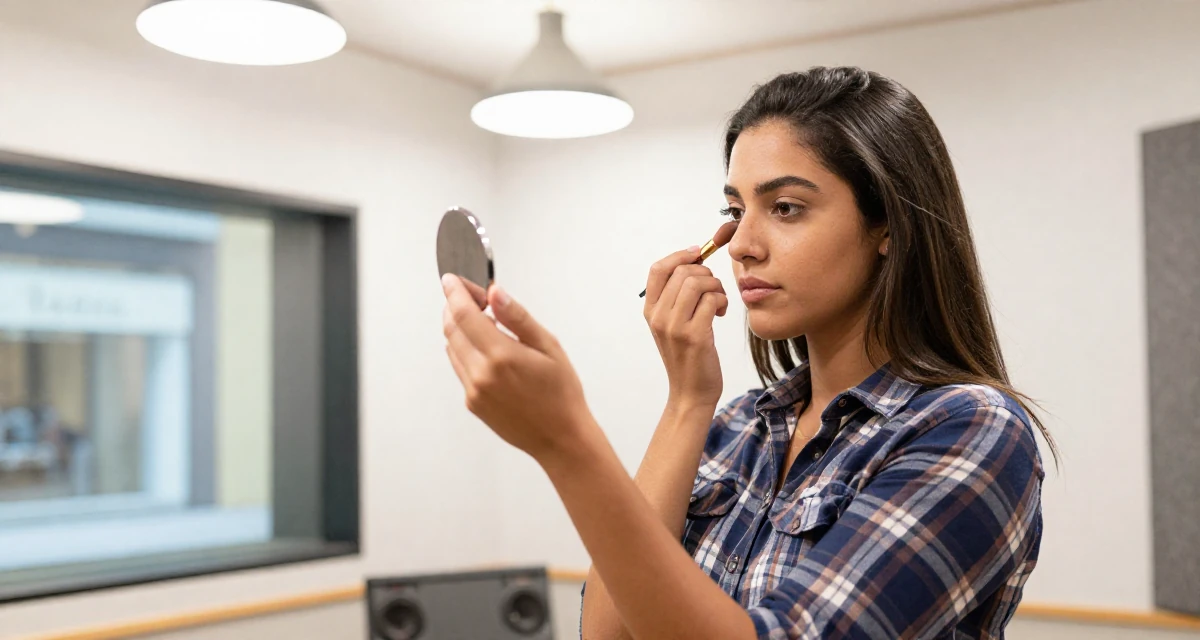 A grounded Female From Brazil, majored in communication in their 22, exploring early career opportunities, wearing a casual plaid button-down, checking makeup in a compact mirror in a recording booth.