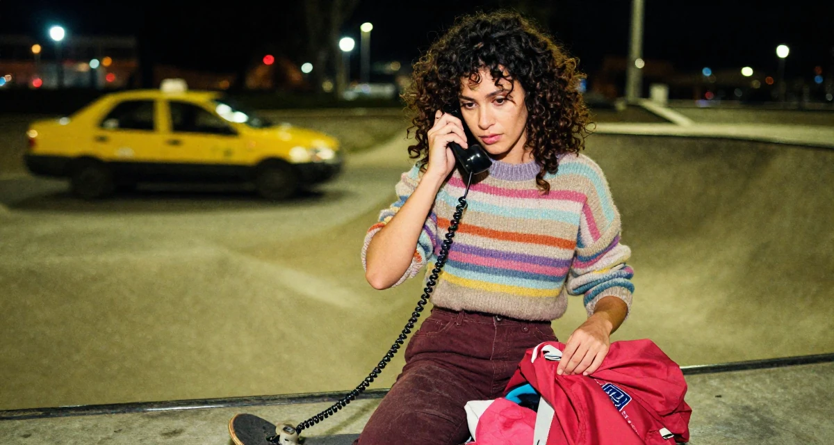 A assured Female From Argentina, based in Buenos Aires, graduated from a media institute majoring in flirtatious content styling in their 30, experimenting with bold fashion choices, wearing a vintage sweater and high-waist pants, smoothing out clothes in a skate park.