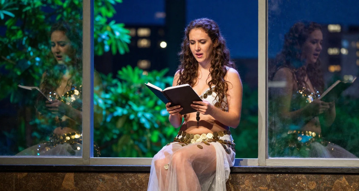 A anxious but excited Female From Kazakhstan, studied financial mathematics in their 25, discovering what content feels comfortable or not, wearing a belly dancer outfit with sheer fabrics and coins, holding a notebook in a theater stage.