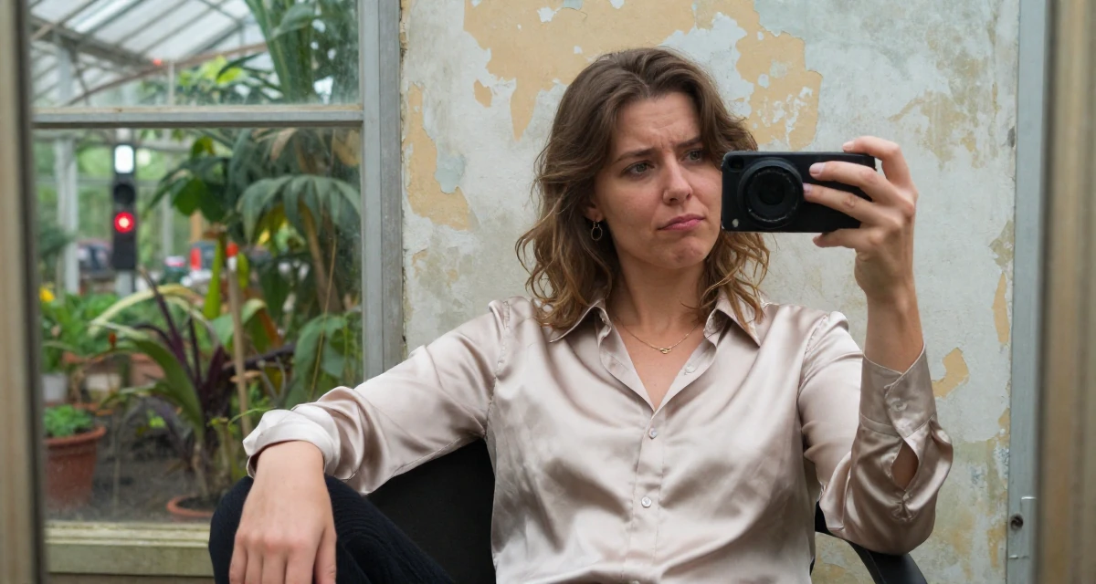 A sarcastic Female From Sweden, studied sociology in their 47, creating a guide for solo female travel, wearing a satin button-up shirt in champagne color, holding a single flower in a botanical greenhouse.