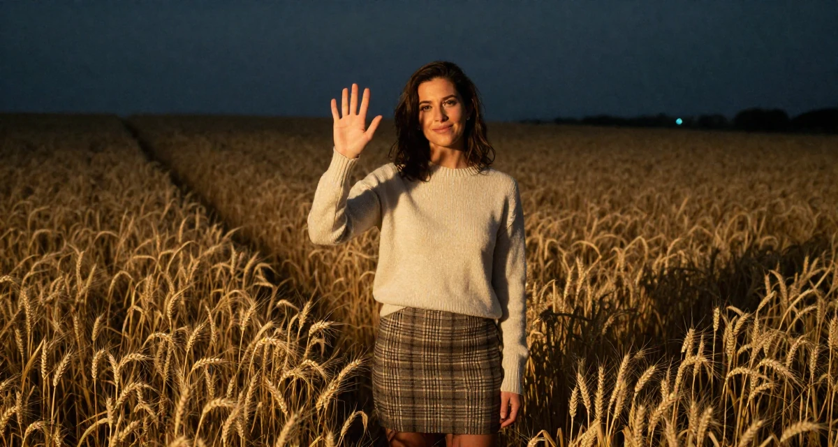 A contented Female From Italy, studied product design in their 48, preparing for long-term financial planning, wearing a fitted merino wool sweater and plaid mini skirt, waving to someone in a golden wheat field.