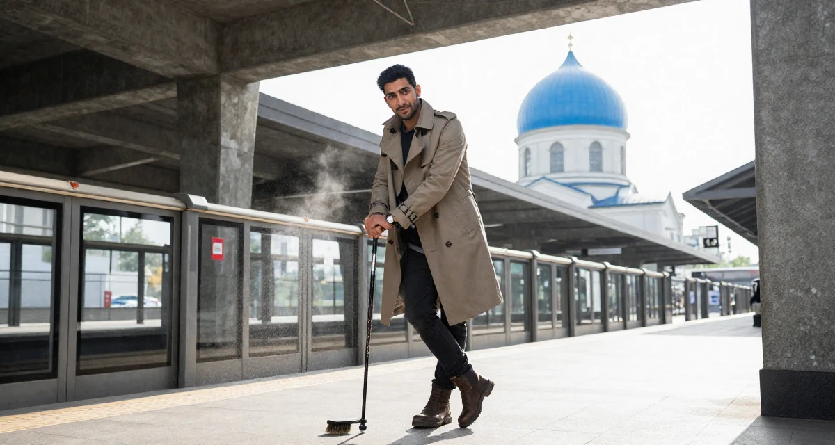 A coy male From Arabic-speaking world, majored in health administration in their 23, analyzing which posts convert best, wearing a timeless trench and boots, brushing off dust in a subway station.
