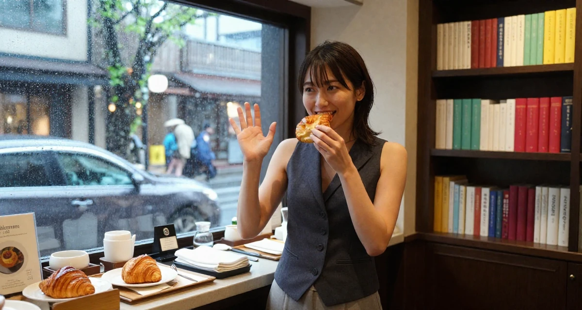 A grateful Female From Tokyo Japan, studied gravure-style posing and aesthetic direction in their 25, developing a stronger creator identity and niche, wearing a fitted vest top worn without a shirt underneath and slacks, eating a croissant in a luxury spa room.