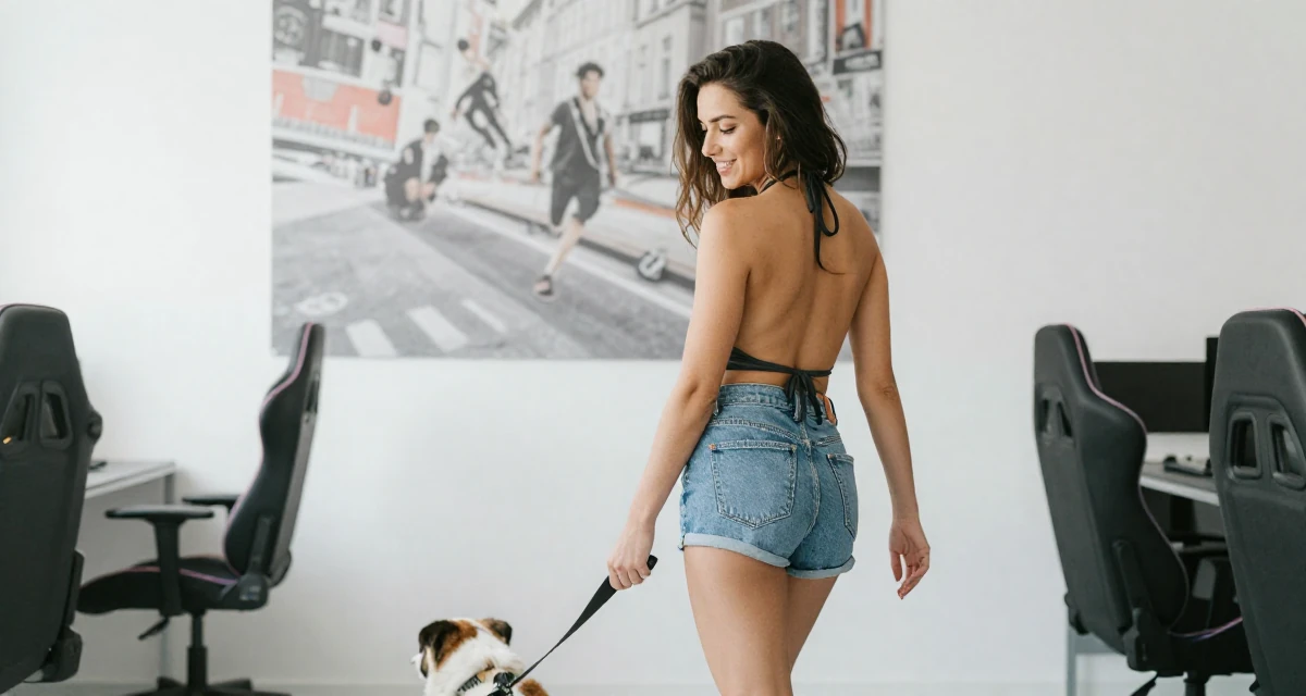 A satisfied Female From Amsterdam Netherlands, studied creative business in their 24, planning seasonal or holiday-themed drops, wearing a backless halter top and denim shorts, walking a dog (leash visible) in a gaming room.