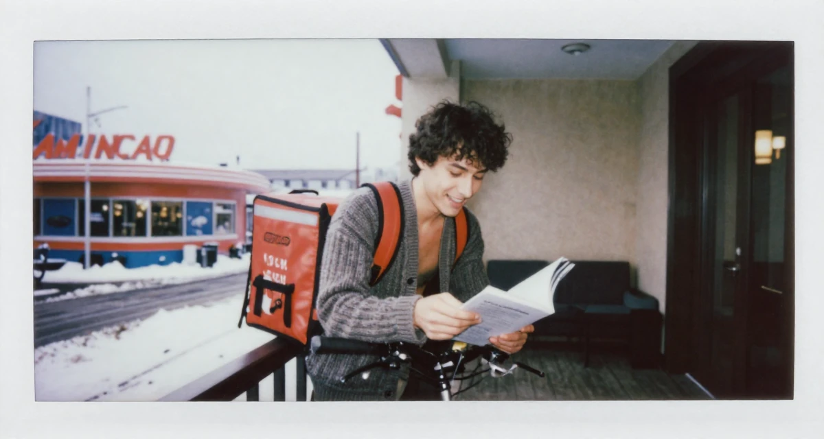 A hopeful male Former food delivery biker, now exploring creator freedom in their 25, struggling with academic workload, wearing a open-back sweater showing the spine, turning a page in a hotel lobby.