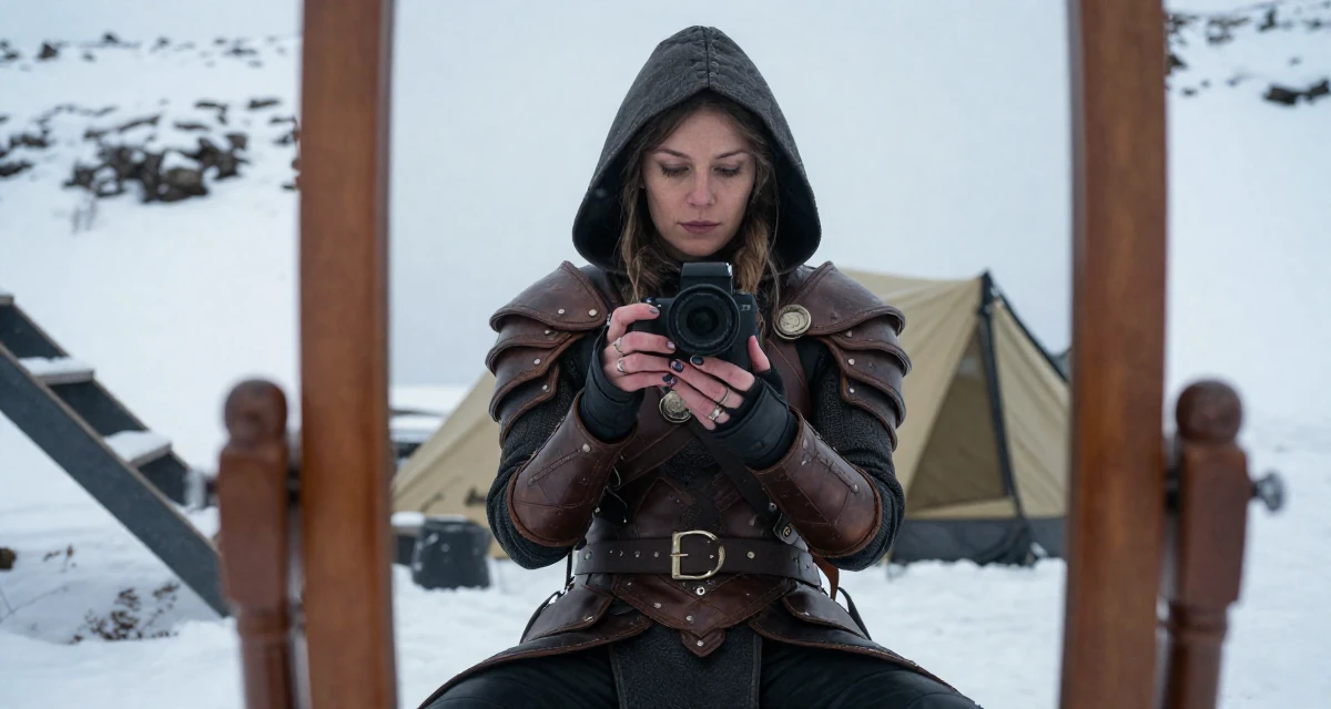 A fearless Female Raised in Iceland, majored in creative digital strategy in their 22, forcing confidence even on days with no energy, wearing a fantasy rogue leather armor with a hood, inspecting fingernails in a camping site.