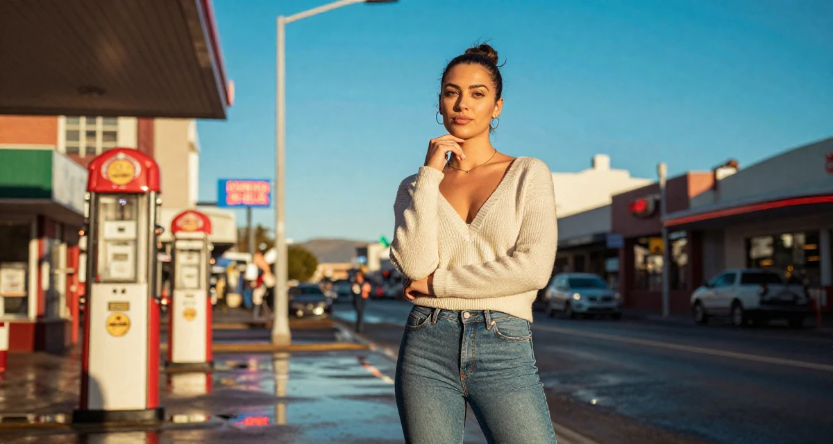 A flirty Female From Cape Town South Africa, learned outdoor modeling and posing in their 26, learning that trends shift faster than energy can keep up, wearing a plunging v-neck sweater and skinny jeans, touching the chin thoughtfully in a bustling city street.