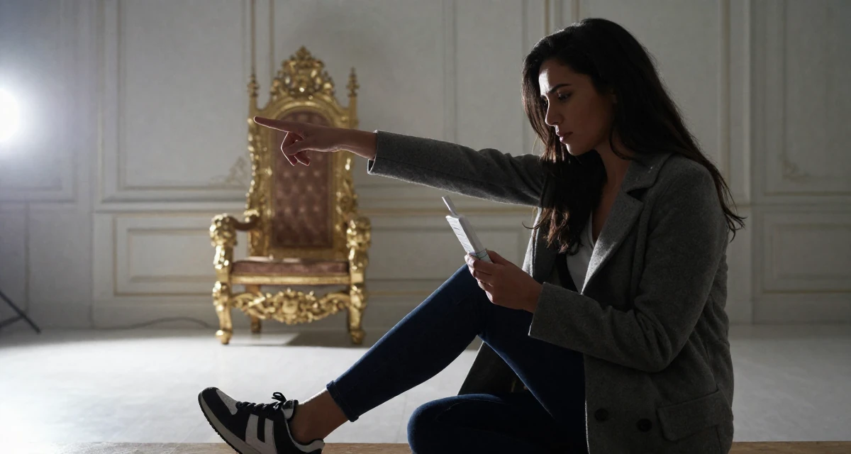 A gently serious Female Previous dental assistant, now exploring body-empowerment narratives in their 20, feeling overwhelmed by academic pressure and expectations, wearing a tailored coat with casual sneakers, examining a product in a royal palace throne room.