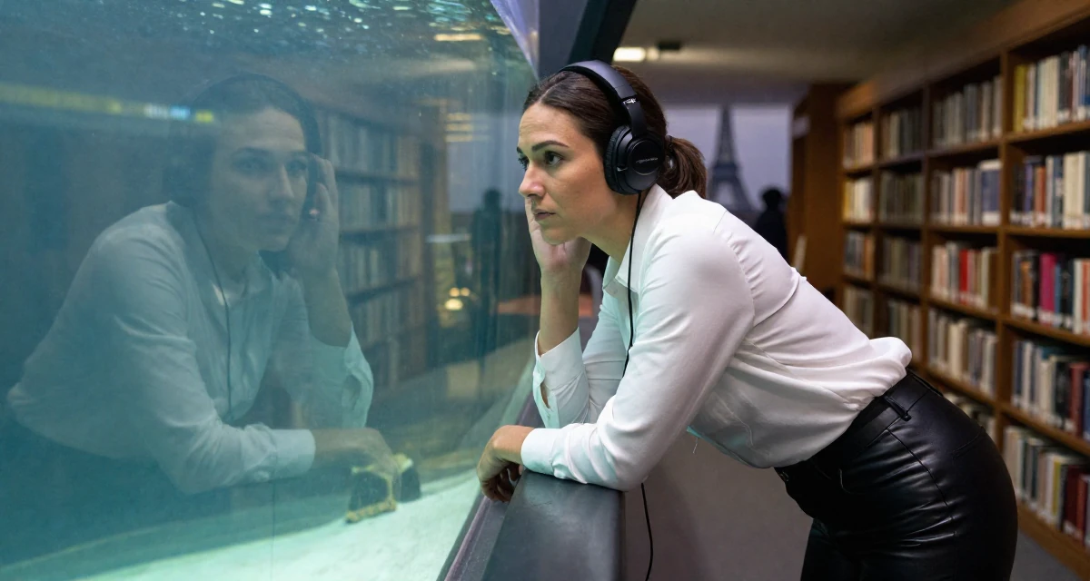 A seriously concentrated Female Former hotel housekeeper, now offering intimate behind-the-scenes content in their 27, feeling more comfortable in their own skin, wearing a black leather trousers and a crisp white blouse, listening to music with headphones in a aquarium tunnel.