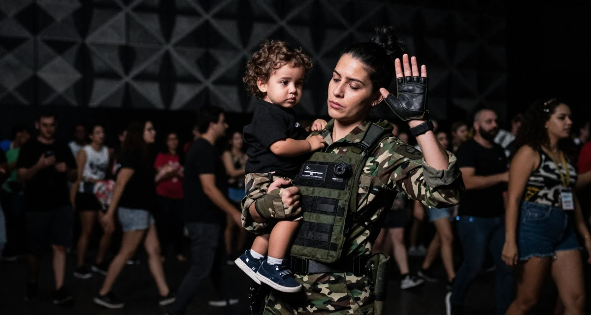 A dazed Female From Brazil, studied logistics engineering in their 35, raising a toddler while building a business, wearing a commando outfit with camouflage paint and tactical harness, putting on a glove in a concert hall.