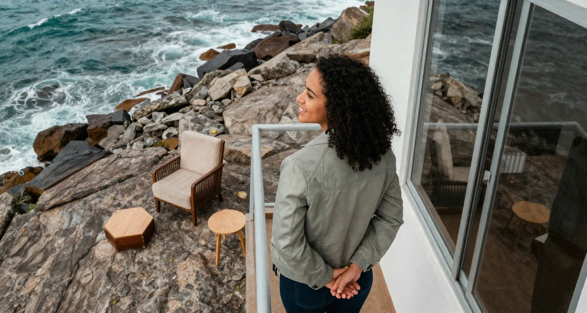 A delighted Female From Brazil, trained in physical therapy in their 22, learning workplace expectations and boundaries, wearing a structured jacket with casual tee, looking out the window in a rocky ocean cliff.
