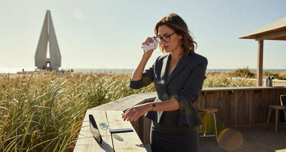 A unbothered Female Once a startup assistant, now a creator experimenting with storytelling in their 25, adapting to early adult responsibilities, wearing a structured peplum jacket and a tight skirt, cleaning glasses with a cloth in a beach bar.
