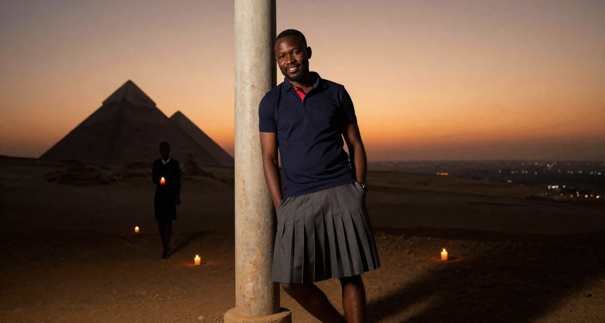 A amused male From Johannesburg South Africa, majored in sport management in their 45, helping kids through school, wearing a short pleated skirt and a tight polo shirt, putting hands in pockets in a mountain trail.