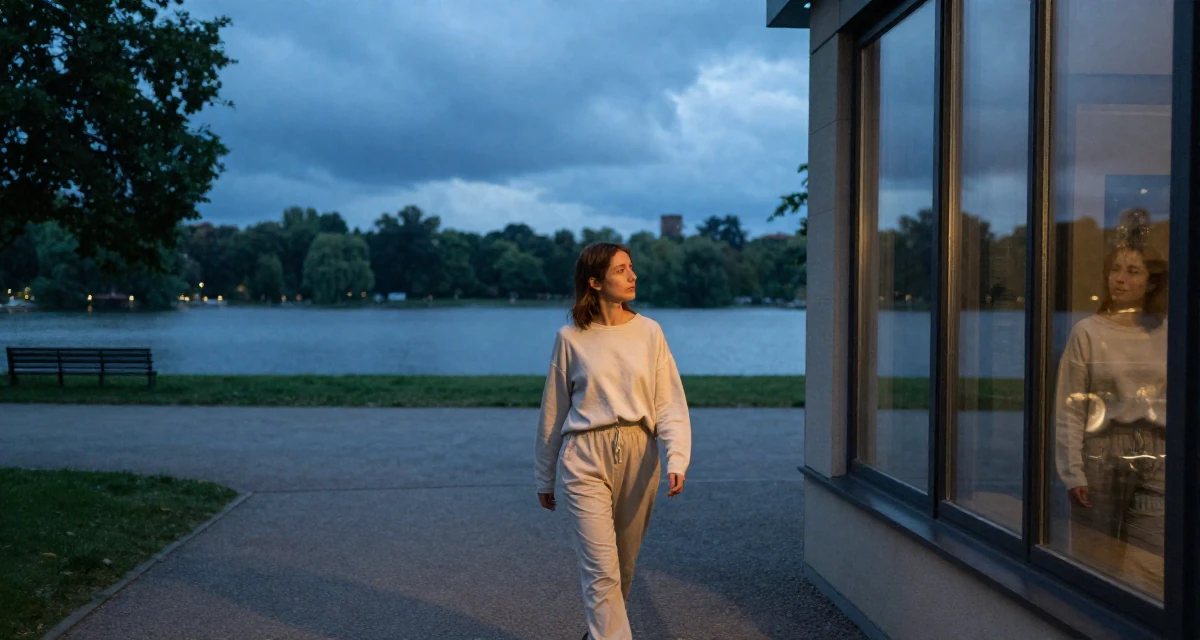 A tired Female From Berlin Germany, explored body art and alternative fashion scenes in their 30, exploring minimalism and intentional living, wearing a comfortable travel outfit, looking at a reflection in a window in a quiet park.