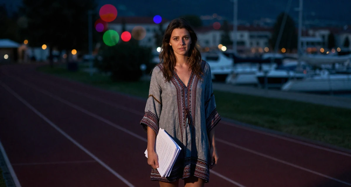 A coy Female From Geneva Switzerland, studied international hospitality in their 23, making decisions that will shape future lifestyle, wearing a relaxed bohemian style dress, carrying a stack of documents in a running track.