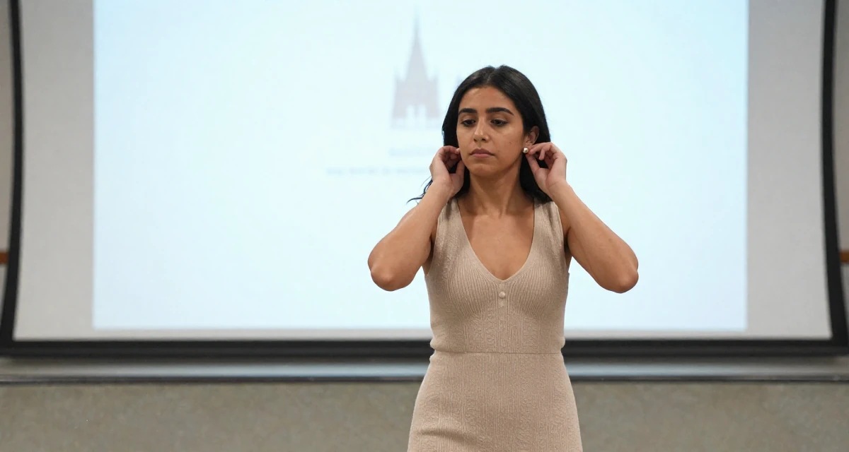 A fragile Female From Alexandria Egypt, majored in applied arts in their 41, sharing the reality of raising high schoolers, wearing a soft knit dress with a plunging neckline, putting on earrings in a skate park.