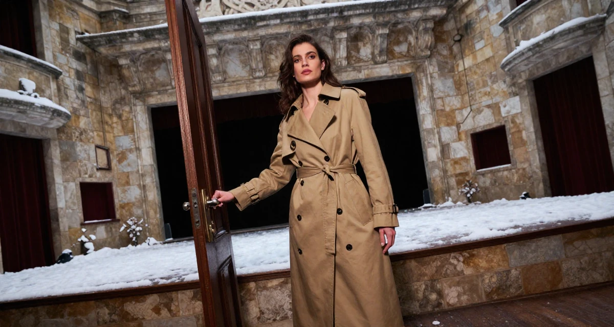 A confident Female From Portugal, majored in architecture in their 24, crafting visual stories with romantic–sensual undertones, wearing a long trench coat belted tightly at the waist, opening a door in a empty theater stage.