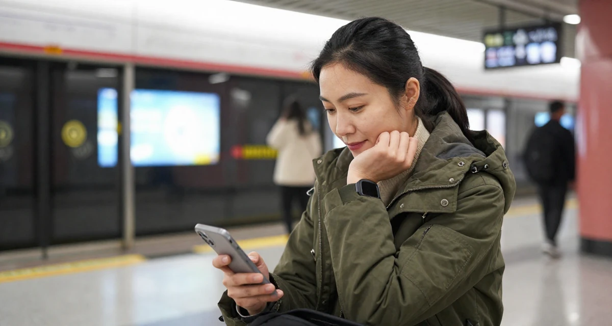 A lighthearted Female Born Chinese-speaking regions, studied strategic communication in their 31, starting fitness journey, wearing a stylish parka jacket, scrolling casually in a subway station.