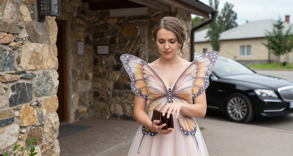 A captivating Female From Russia, studied computer science at a technical university in their 25, transitioning from teenage habits to adult routines, wearing a butterfly-themed fairy dress with large wings, checking a wallet in a wedding venue.