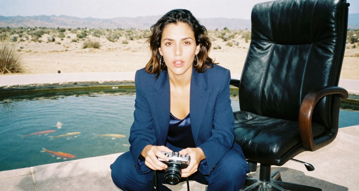 A subtly surprised Female From Ecuador, studied system engineering in their 25, starting to understand fan psychology, wearing a crisp navy blue blazer over a silk camisole and trousers, holding a camera in a desert landscape.