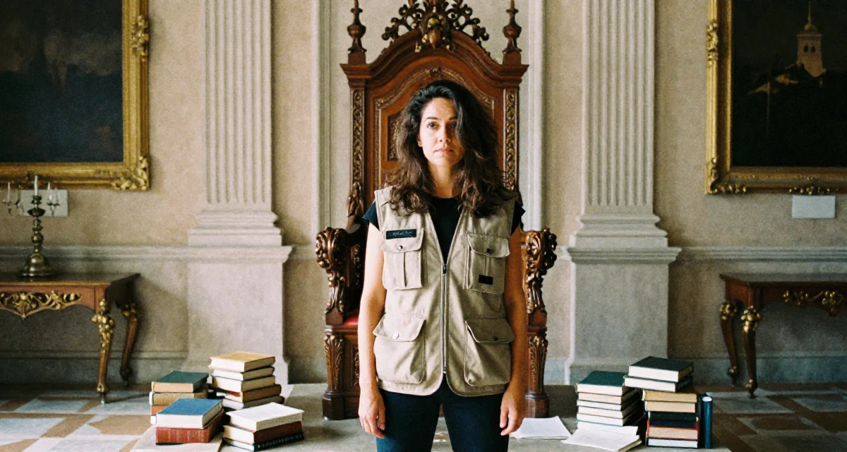 A thoughtful Female From Portugal, based in Faro, graduated from a media institute majoring in stylish audiovisual curation in their 50, proof that life begins at fifty, wearing a urban explorer utility vest look, pushing hair from face in a royal palace throne room.