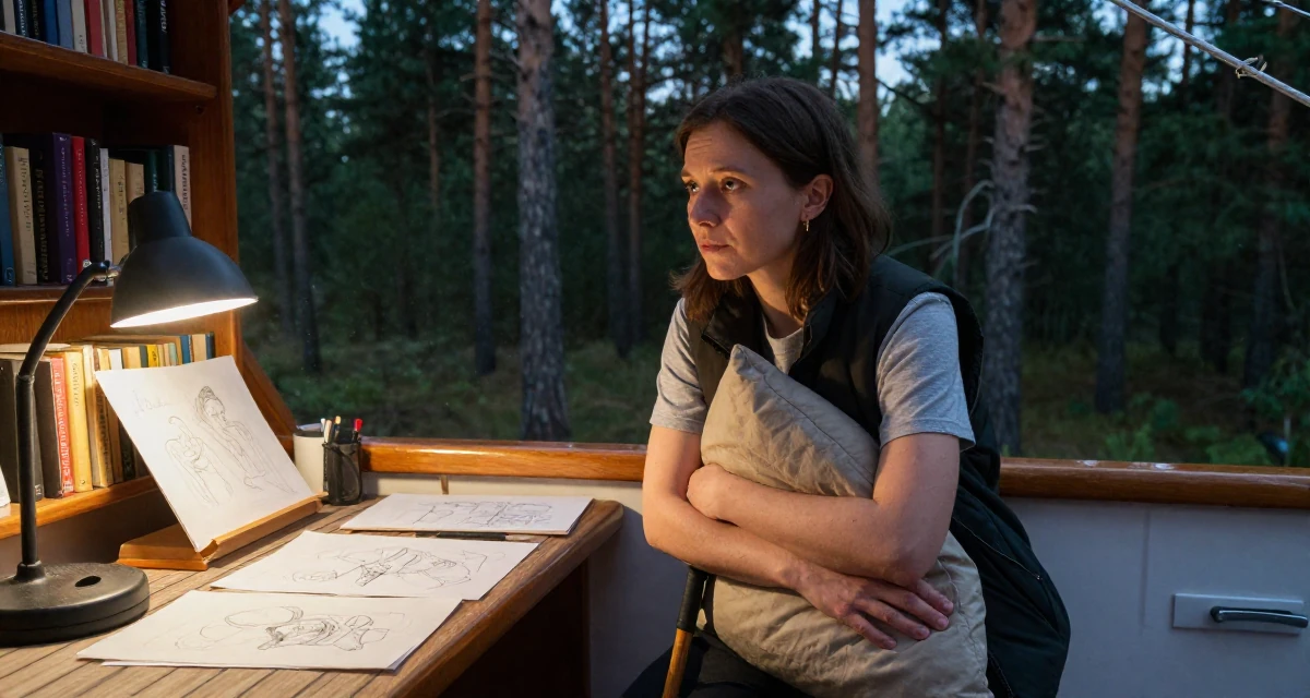 A deeply absorbed Female From Russia, majored in international trade in their 24, mastering the art of work-life separation, wearing a casual vest and t-shirt layer, hugging a pillow or cushion in a yacht deck.