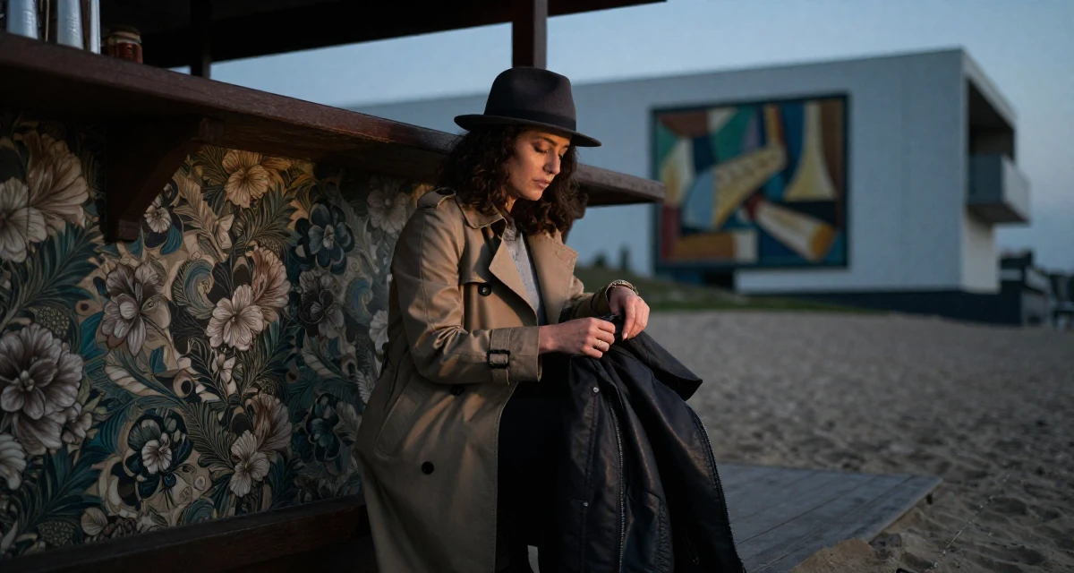 A warmhearted Female From Arabic-speaking world, majored in geology in their 28, dealing with fatigue from years of online performance, wearing a detective trench coat and fedora hat, putting on a jacket in a beach bar.
