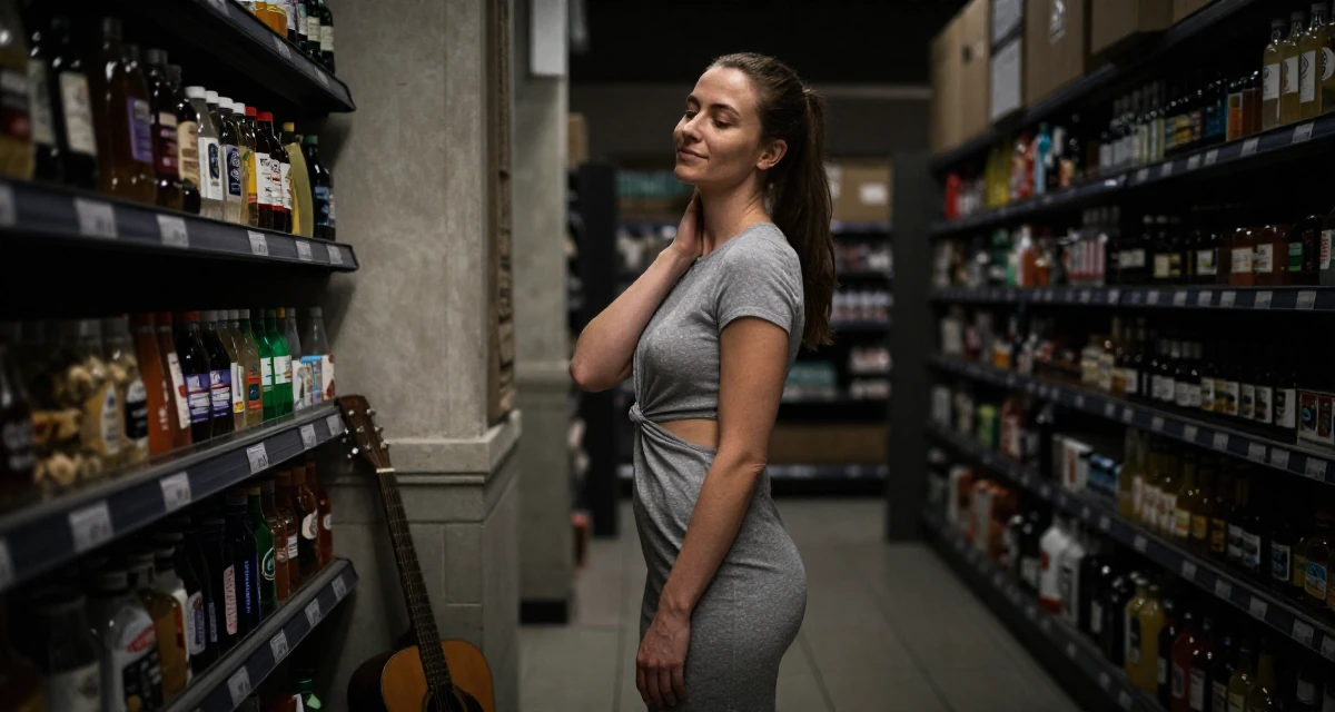 A calmly observant Female From Finland, studied agricultural economics in their 41, finding joy in volunteering and community, wearing a fitted midi dress with a cutout at the waist, massaging the neck in a supermarket aisle.
