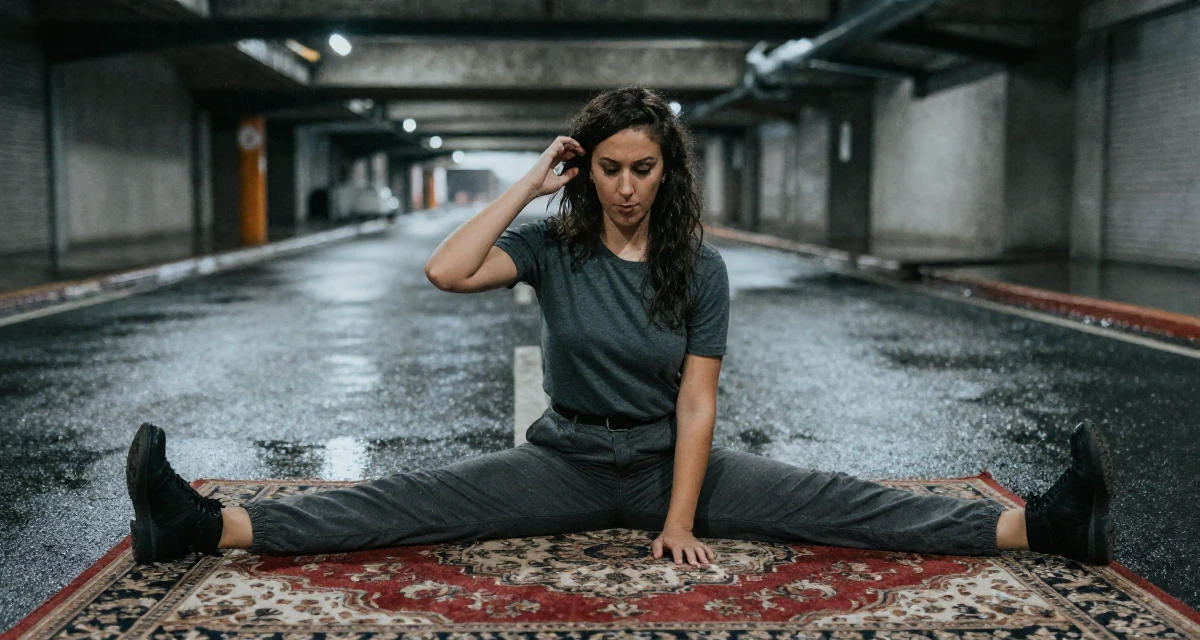 A playful Female From Buenos Aires Argentina, trained in tango and partner flow in their 22, comparing growth with other creators and feeling pressure, wearing a comfortable urban casual outfit, tucking hair behind an ear in a underground parking garage.