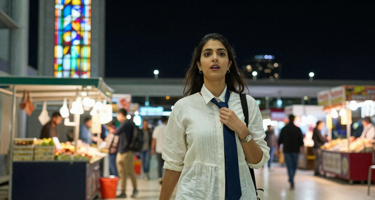 A eager Female From Arabic-speaking world, studied international logistics in their 20, trying to balance academic pressure and social life, wearing a light and airy spring attire, playing with a tie in a airport terminal.