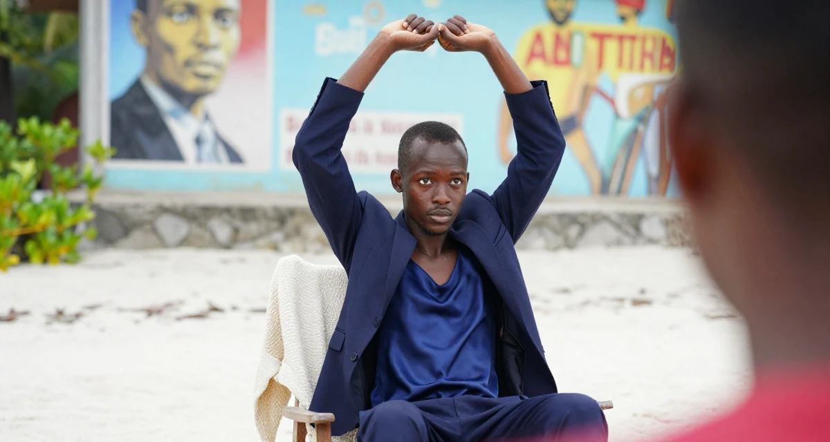 A nostalgic male Raised in Kenya, studied digital entrepreneurship in their 22, using sensual energy as empowerment instead of pressure, wearing a crisp navy blue blazer over a silk camisole and trousers, cracking knuckles in a tropical white sand beach.