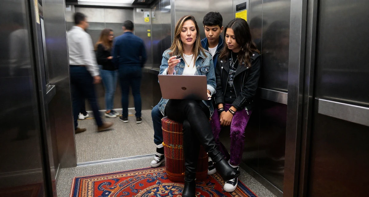 A soulful Female Raised in Mexico, majored in e-commerce management in their 41, confident mother of teenagers sharing advice, wearing a edgy street style with boots, holding a laptop in a corporate elevator.