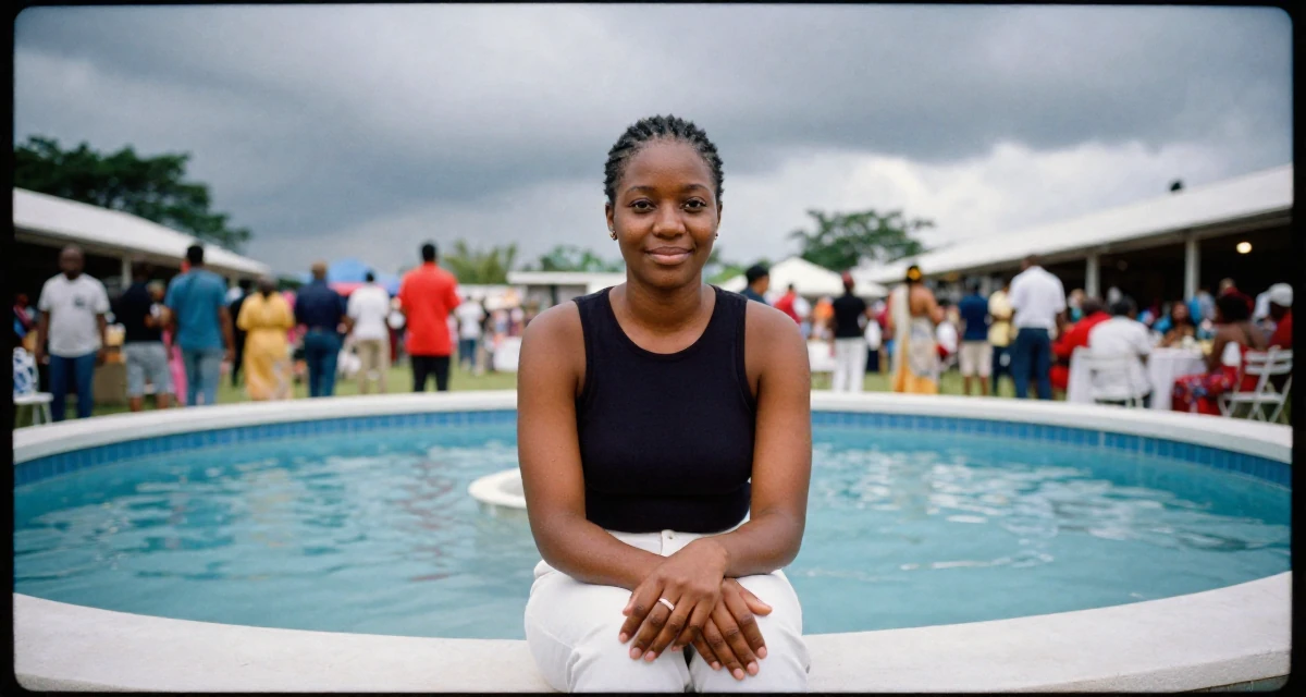 A satisfied Female From Trinidad & Tobago, studied performing arts in their 22, feeling like a small fish in a big corporate pond, wearing a urban minimalist silhouette, playing with a ring in a banquet hall.