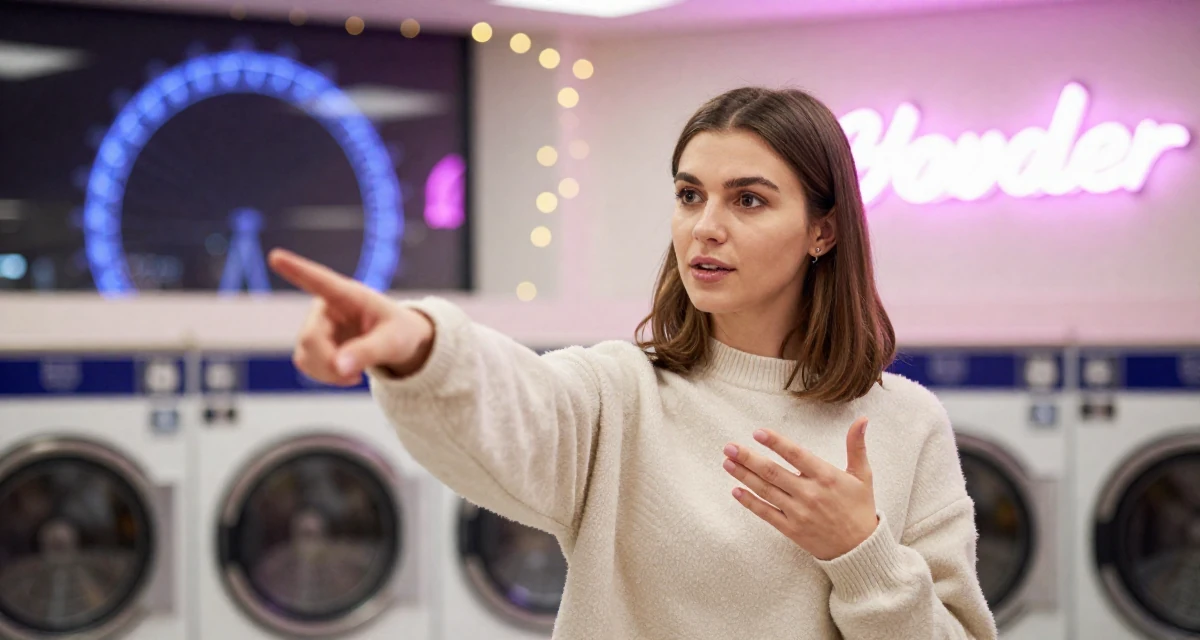 A grounded Female From Russia, studied linguistics and translation in their 25, identifying strengths and weaknesses, wearing a cozy fleece pullover, gesturing while talking in a laundromat with neon signs.