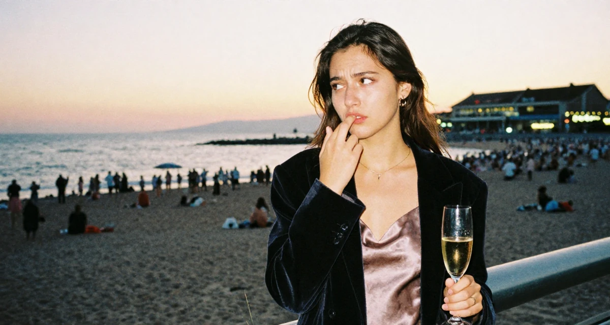 A lazy Female Former swim team athlete, now building a fitness-focused fanbase in their 25, dealing with anxiety about first paying subscribers, wearing a velvet blazer and a silk slip dress, holding a champagne glass in a sunset beach.