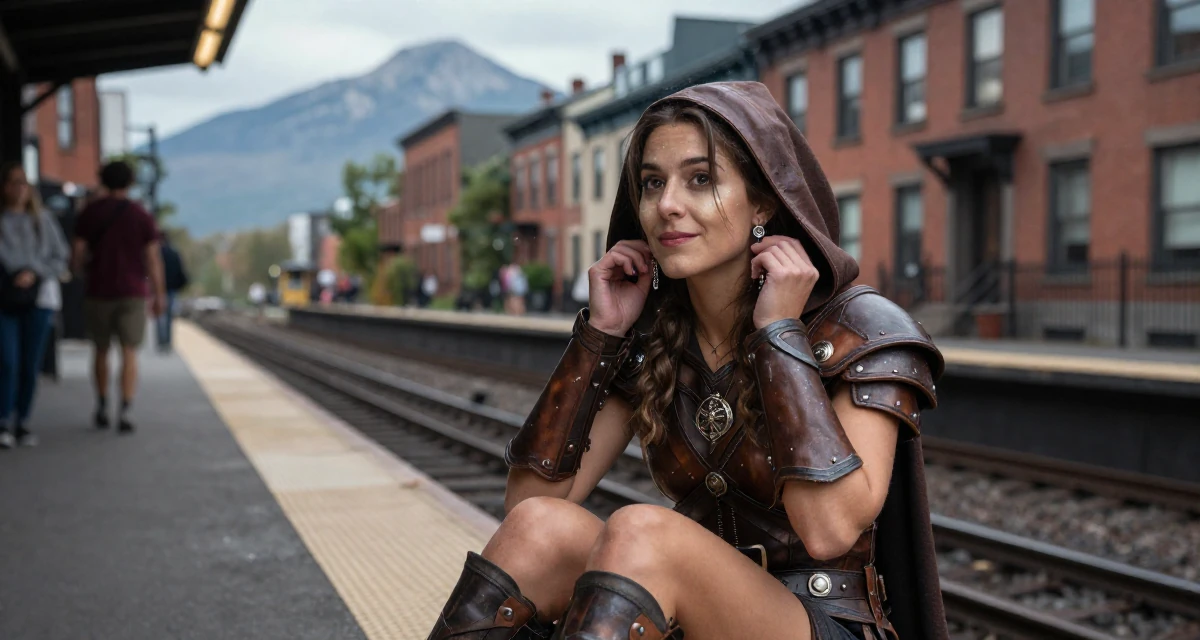 A lighthearted Female From Canada, majored in sociology and gender studies in their 26, dealing with younger competition while finding identity, wearing a fantasy rogue leather armor with a hood, putting on earrings in a subway platform.