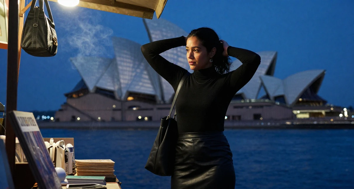 A emotional Female From Mexico City Mexico, studied graphic communication in their 23, analyzing which posts convert best, wearing a fitted turtleneck and a leather midi skirt, looking through a bag in a night market stall.