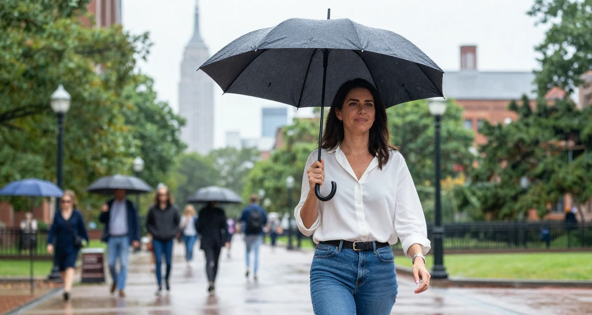 A quietly confident Female From Australia, studied event management in their 42, expert consultant sharing industry secrets, wearing a effortless white blouse and jeans, shaking rain off an umbrella in a university campus.