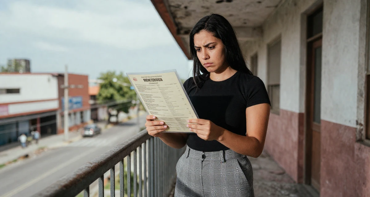 A tense Female From Mexico, based in Monterrey, graduated from a private university majoring in communication studies in their 23, learning how to say “no” to requests outside comfort, wearing a grey plaid trousers and a fitted black tee, looking at a menu in a abandoned hospital.